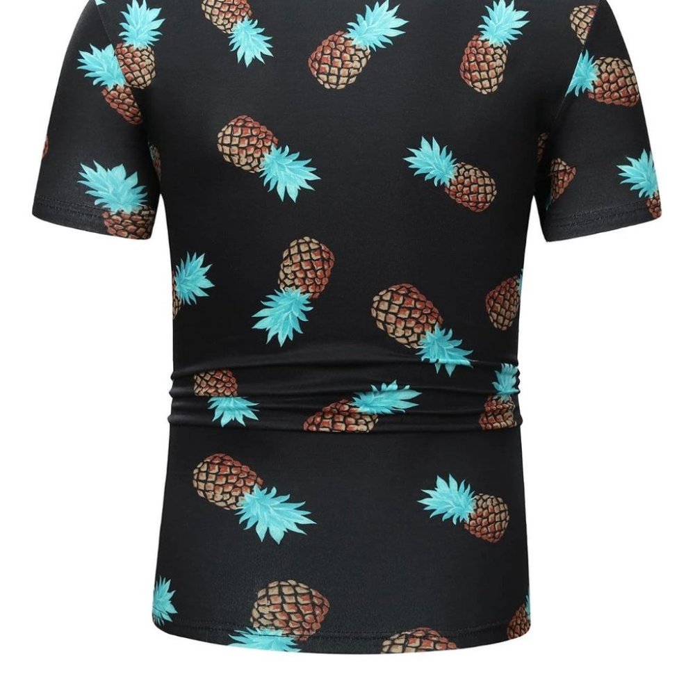 Casual Black Men's Pineapple Print Polo Shirt - Picture 4 of 6